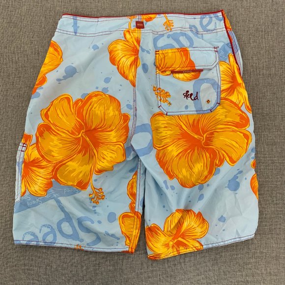 Men's Speed Beach Surf Board Shorts Small Blue Yellow Floral Drawstring - Picture 12 of 14